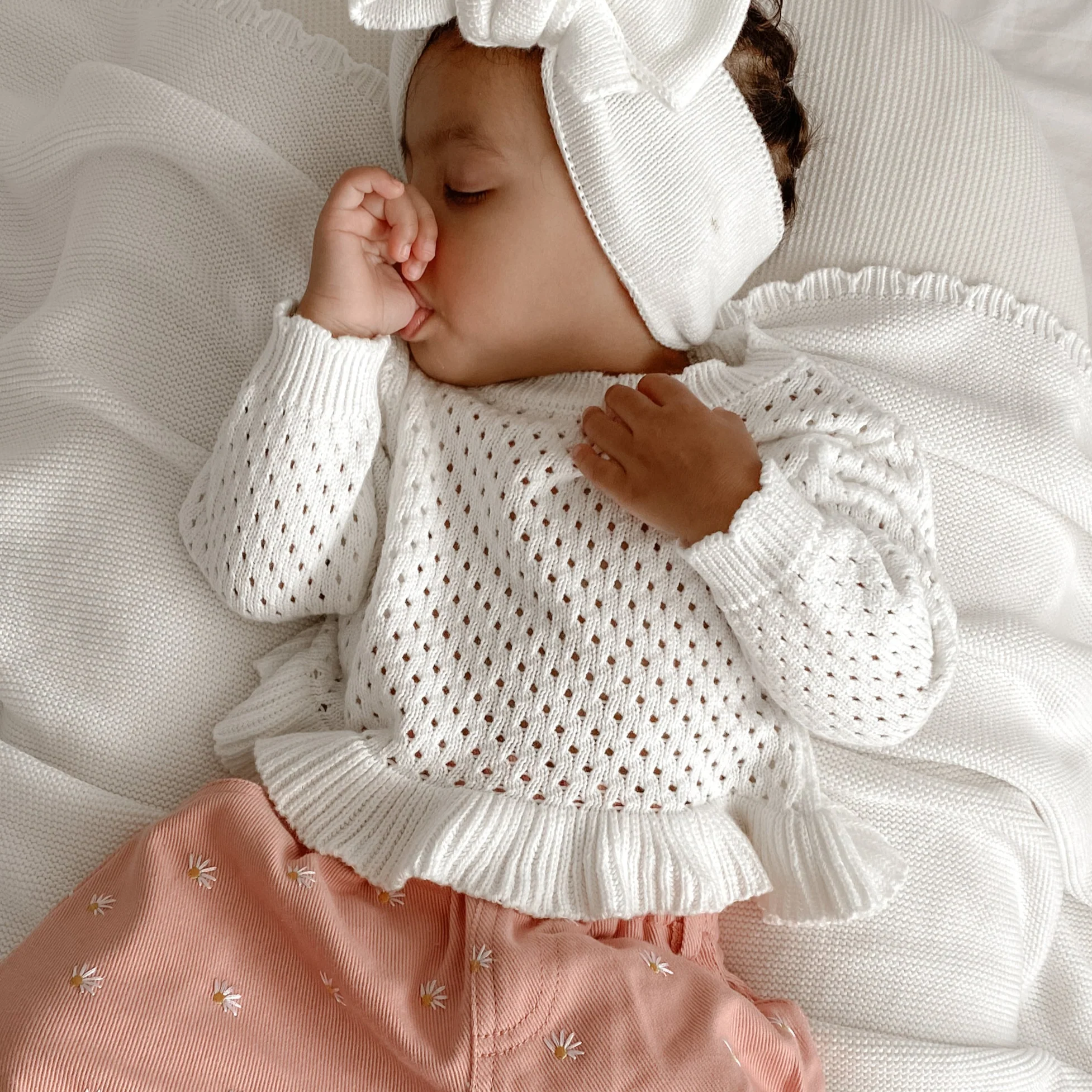 Crochet Long Sleeve Frill Top - Milk