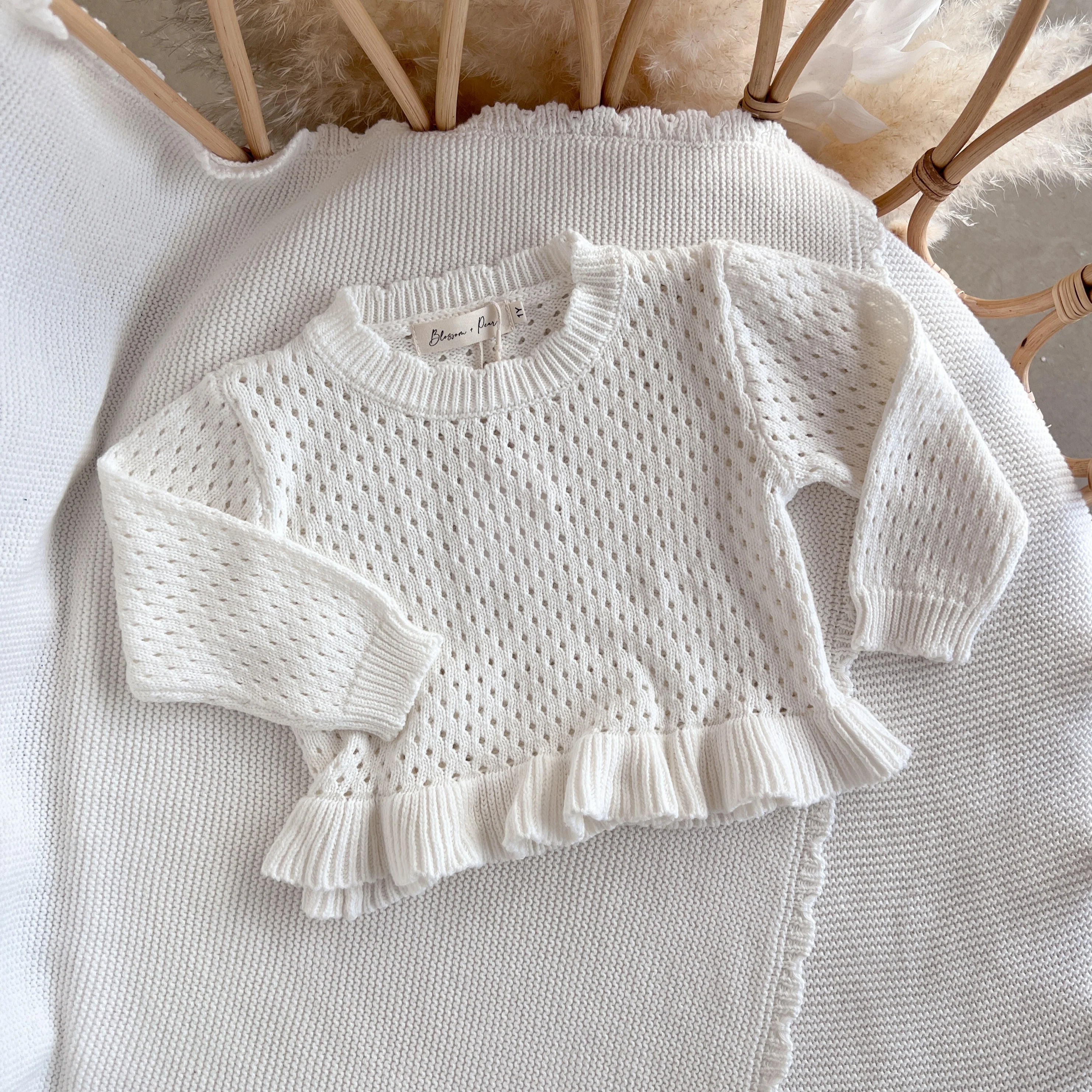 Crochet Long Sleeve Frill Top - Milk - Image 2
