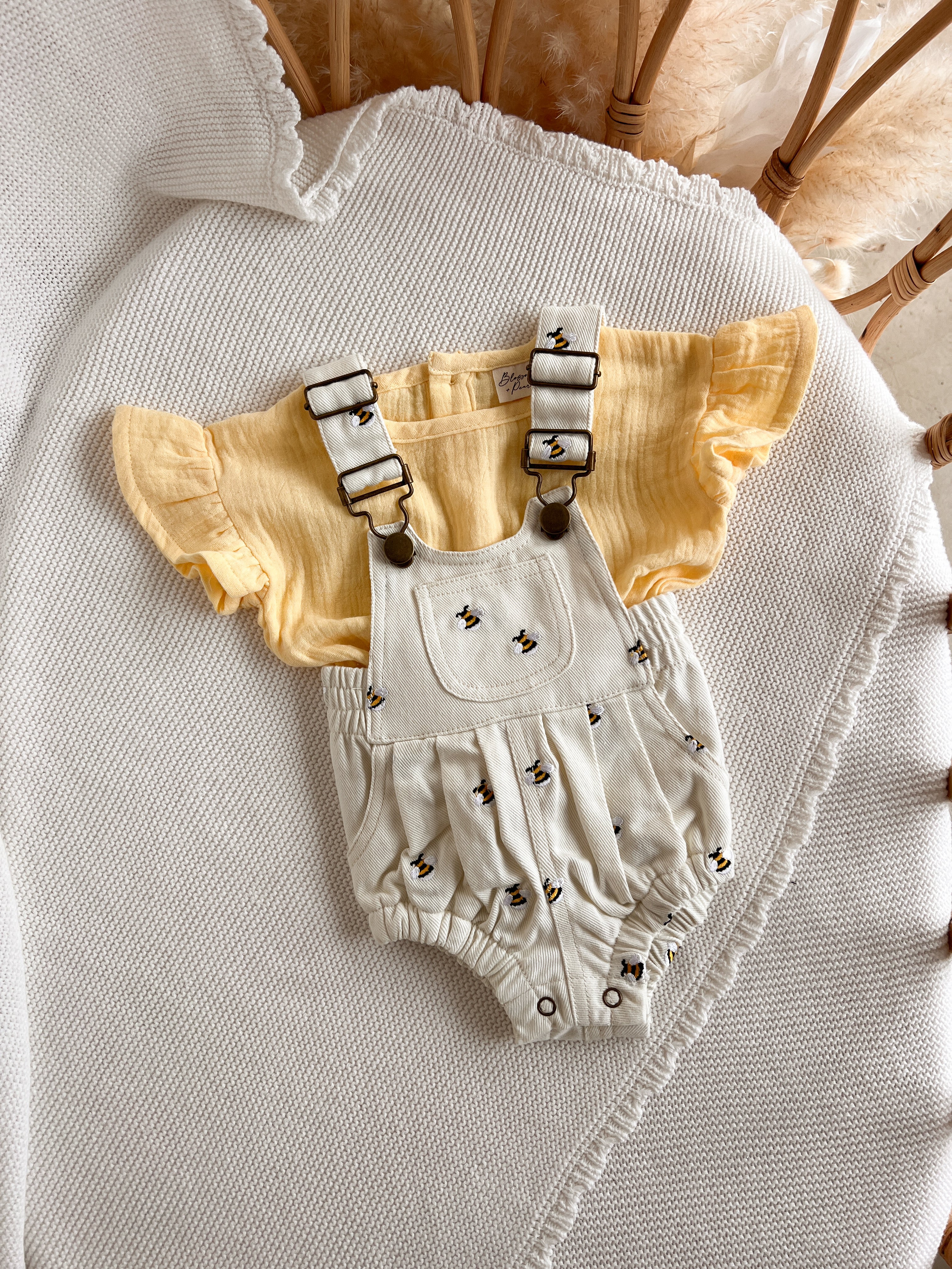 Denim Bee Overall Romper - Cream - Image 14
