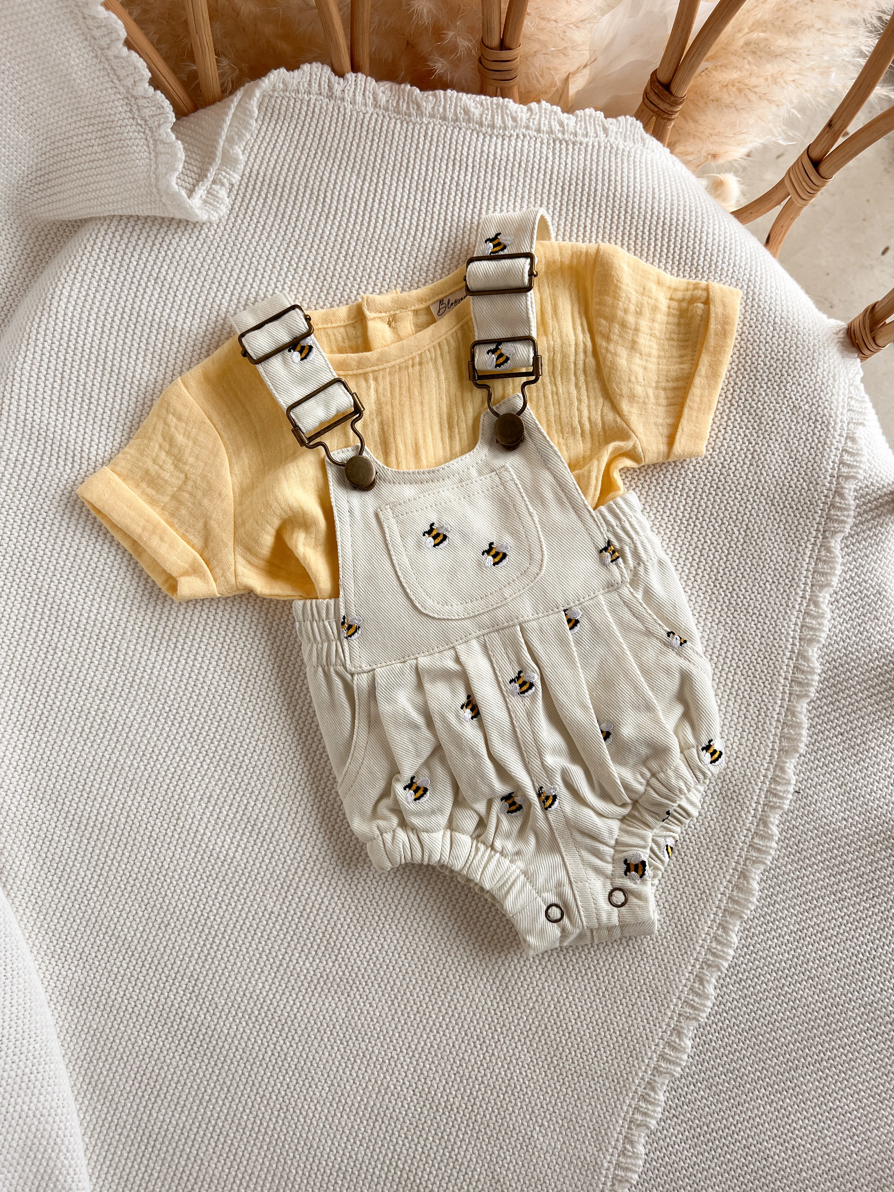 Denim Bee Overall Romper - Cream - Image 15