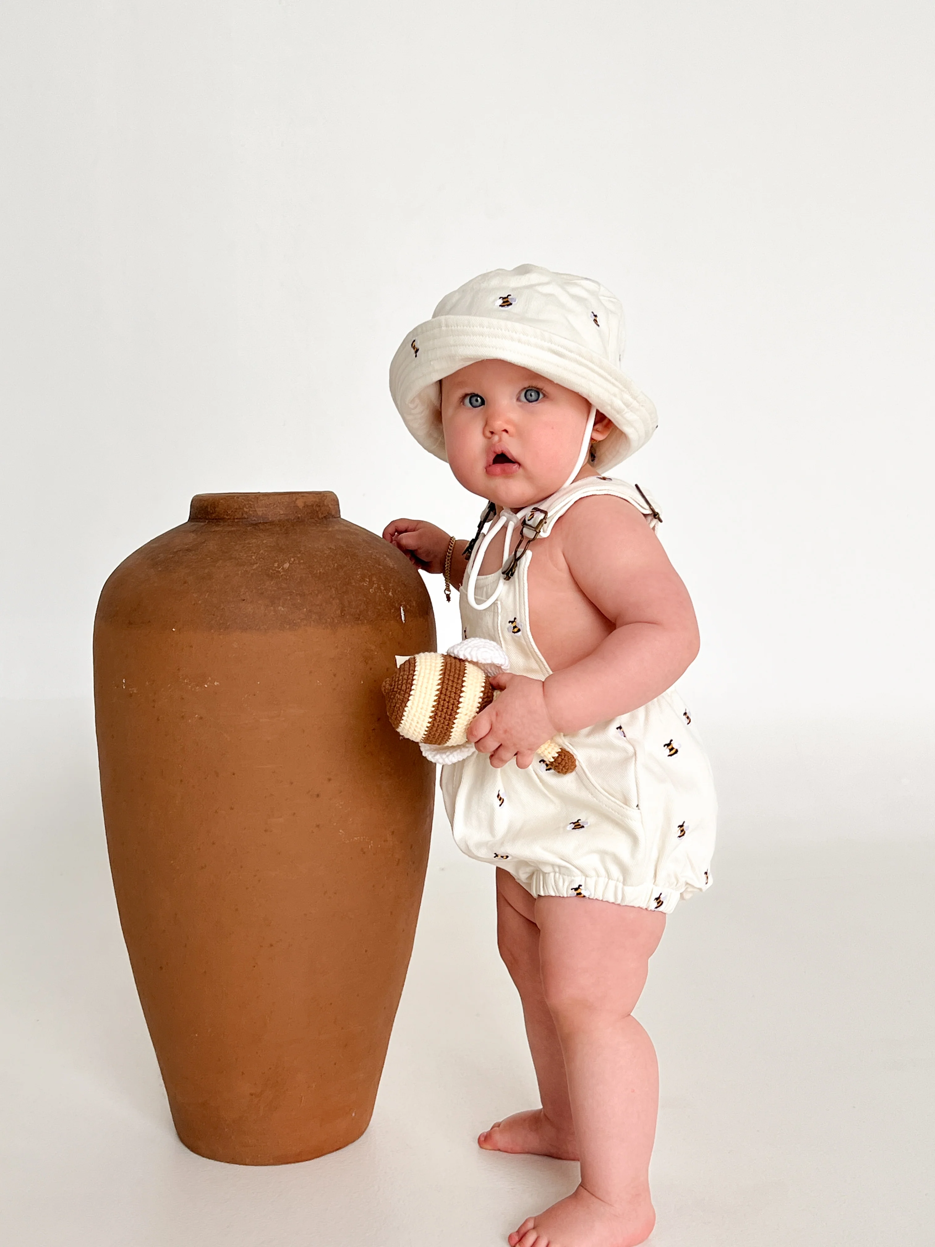 Denim Bee Overall Romper - Cream - Image 7
