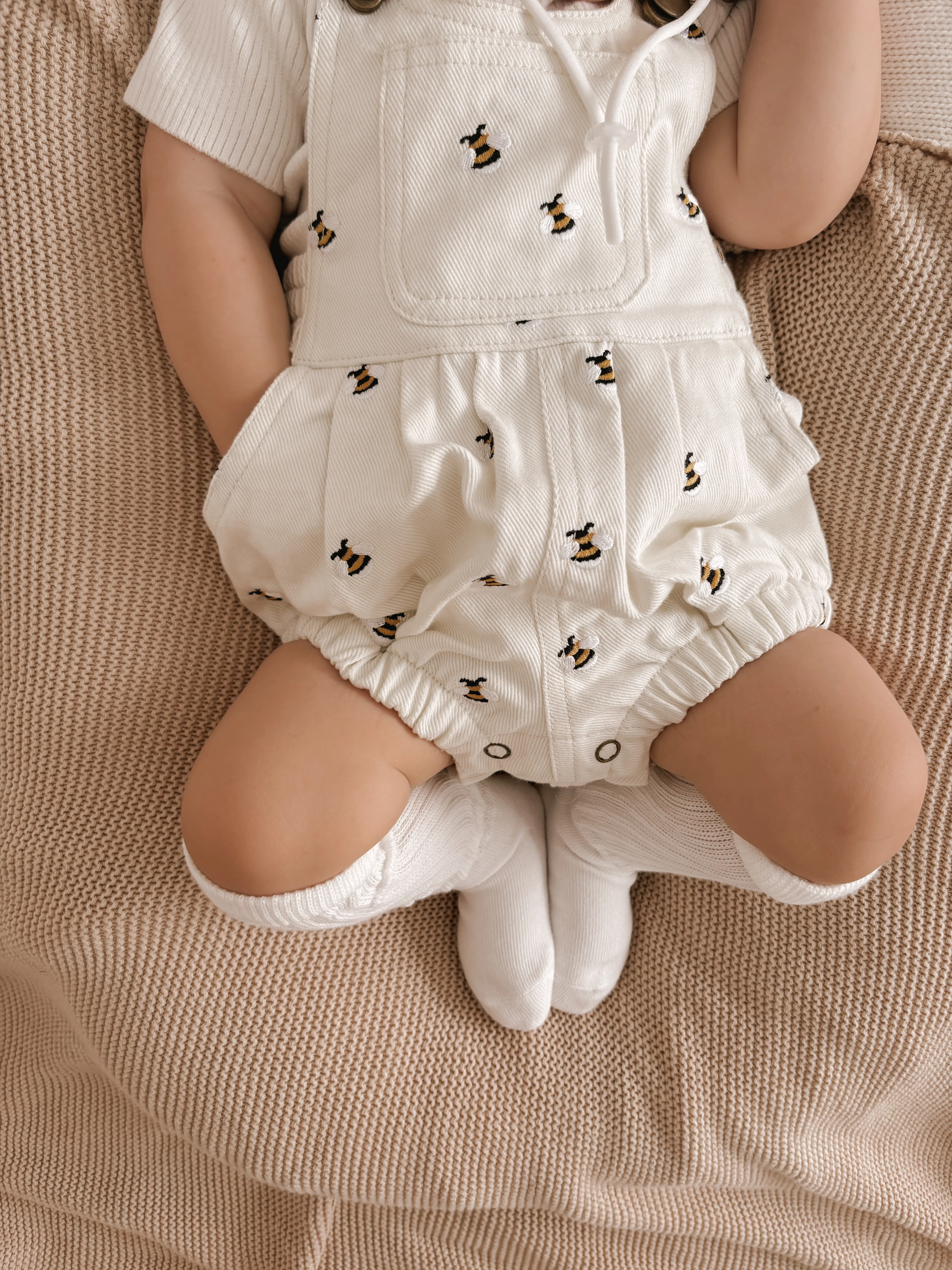 Denim Bee Overall Romper - Cream - Image 9