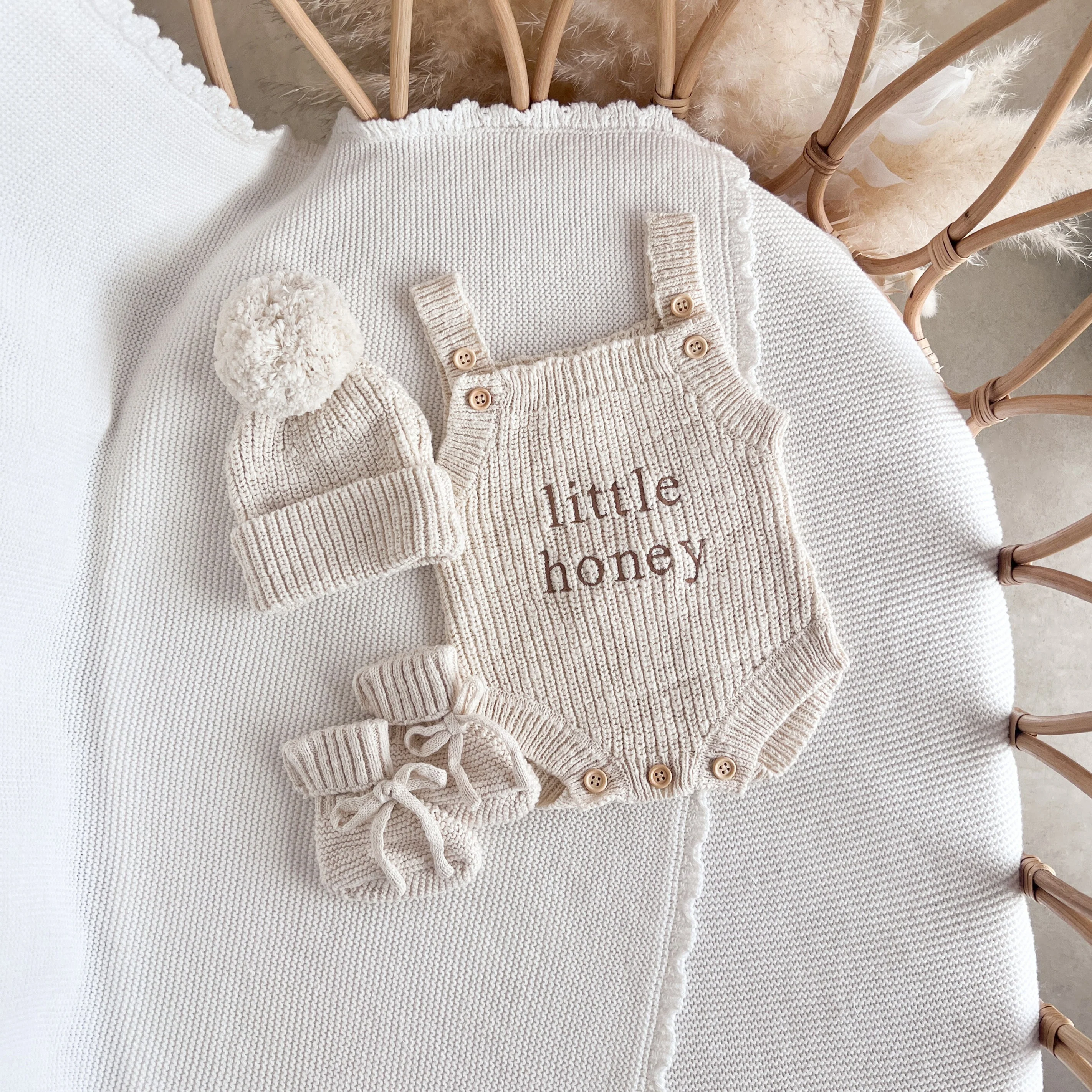 'Little Honey' Singlet Knit Romper & Beanie Bundle