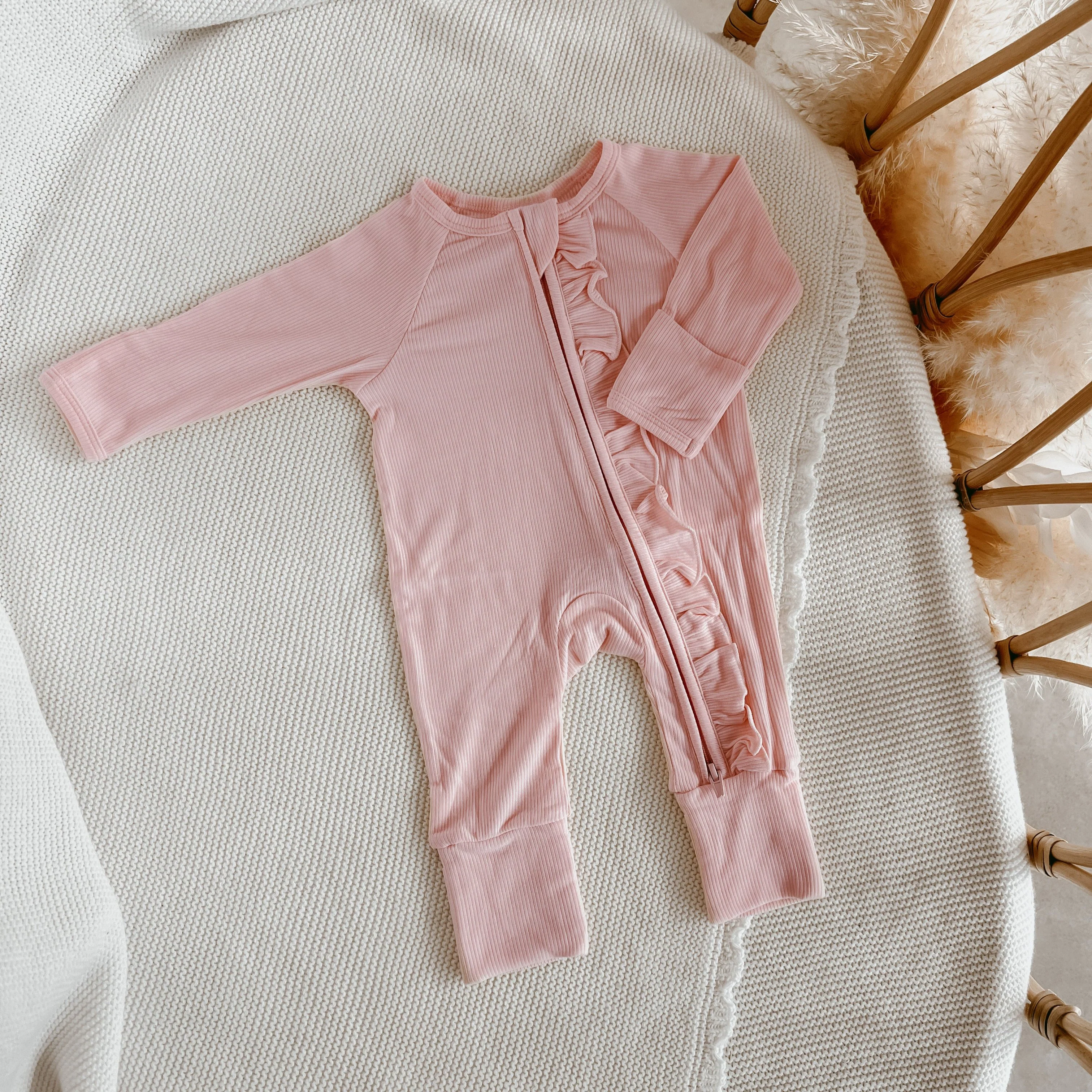 SALE Ribbed Frill Bamboo Zip Growsuit - Peony Pink - Image 2